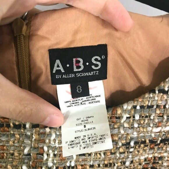 ABS By Allen Schwartz Dress Women 8 Tan Tweed Sleeveless with Ruffle Trim - Picture 6 of 7